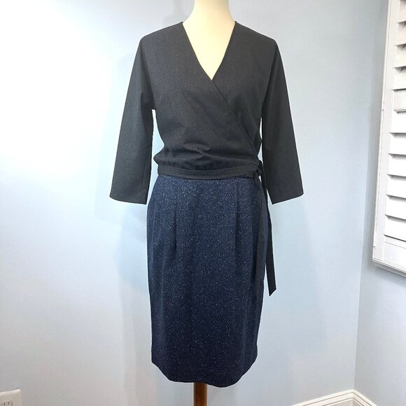 Lafayette 148 Skirt 2 Small Navy Blue Tweed Pencil Pleated Pockets High Waisted - Picture 1 of 11
